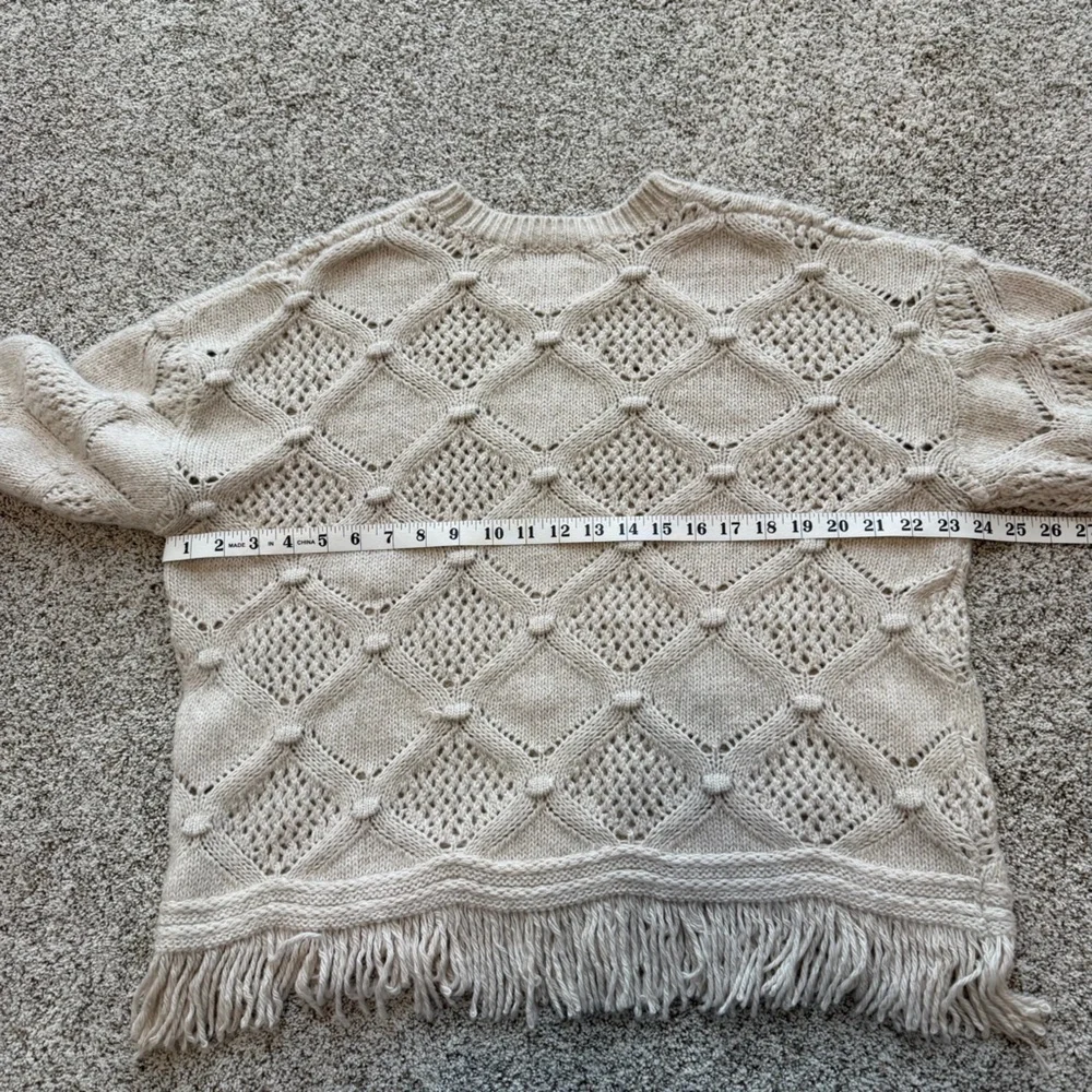 Frye Oatmeal Heather Knit Fringe Sweater | Boho Chunky Textured Pullover Large - Picture 9 of 11